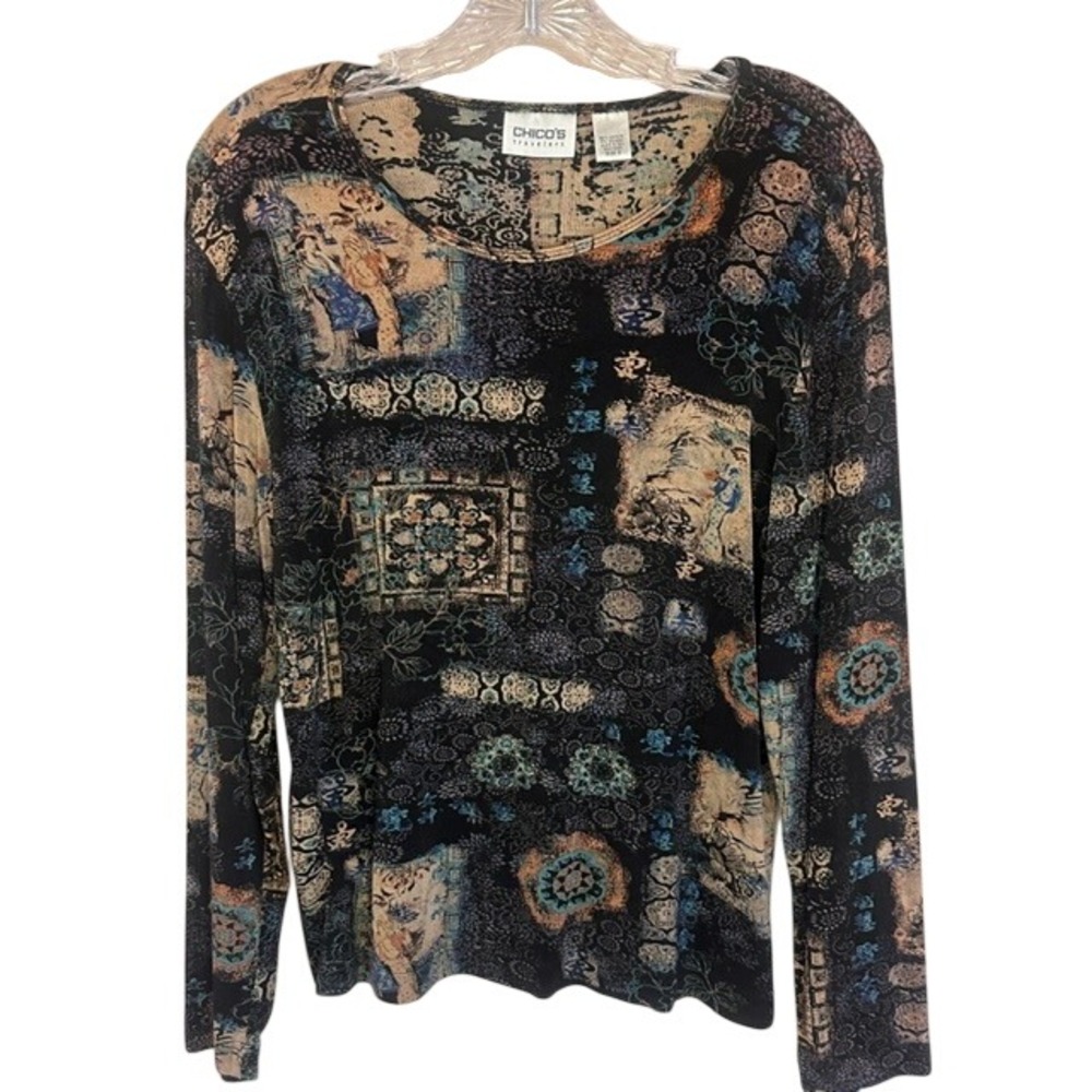 Chico's Travelers Women's Black Geometric‎ Pattern Long Sleeve Blouse 2 LG